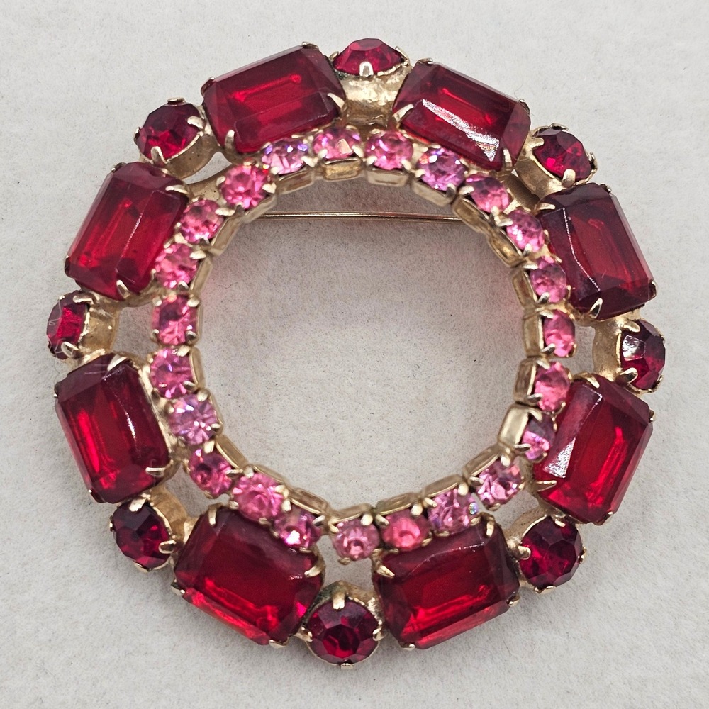 Vintage Red Pink Rhinestone Brooch Circle Gold Tone Tiered Statement Pin 2 Inch